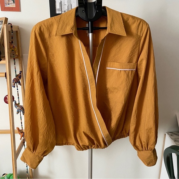 Anthropologie Maeve Long-Sleeved Piped Wrap Blouse Mustard Yellow Motif Size L - Picture 1 of 9